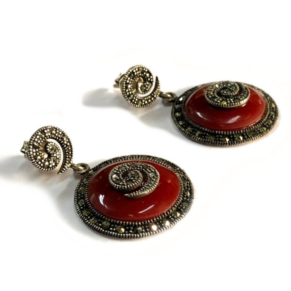 mercasite & red onyx gemstone set sterling silver earrings