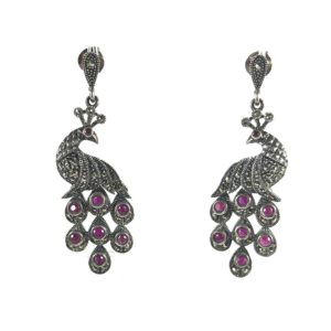 mercasite peacock sterling silver earrings with red gemstones