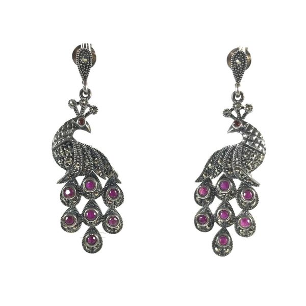 mercasite peacock sterling silver earrings with red gemstones
