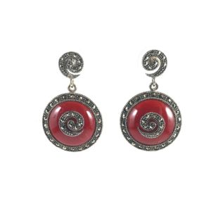 mercasite red onyx spiral silver earrings