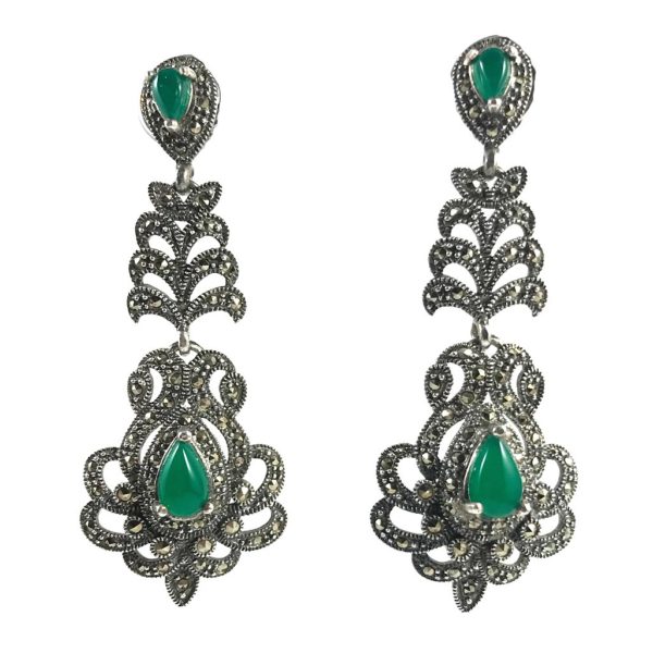 mercasite green onyx long sterling silver earrings