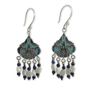 long enameled bukhara tribal silver earrings from vintage silver jewellery