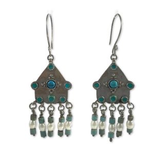 tribal turquoise pearls silver earrings