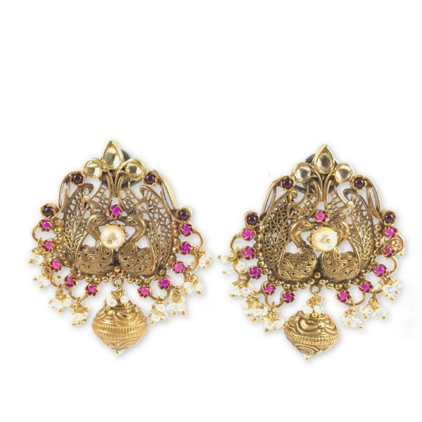 gold plated ruby peacock earrings