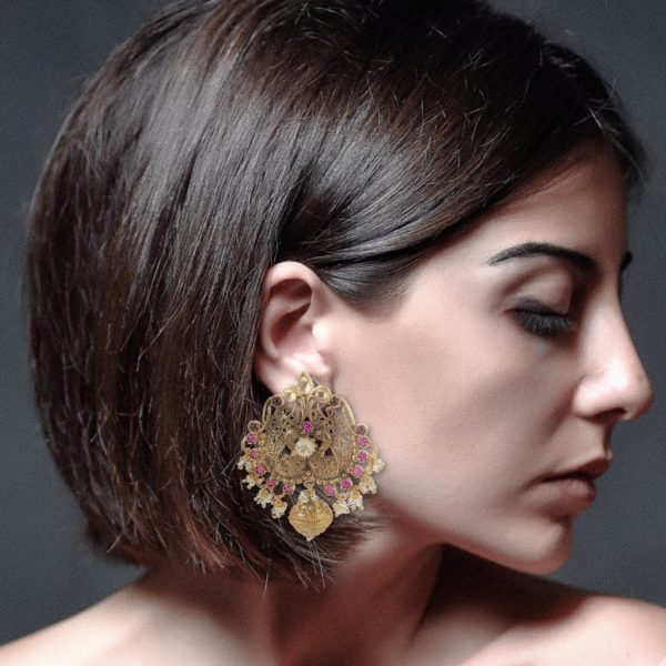 Gold Plated Ruby Peacock Earrings - Image 2