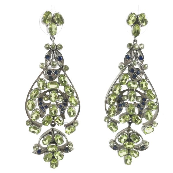 peridot blue-sapphire long sterling silver earrings