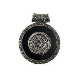spiral black onyx & mercasite gemstone set sterling silver pendant for women