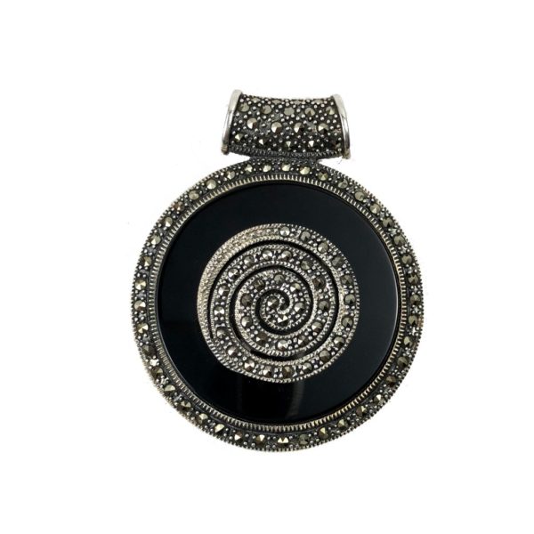 spiral black onyx & mercasite gemstone set sterling silver pendant for women