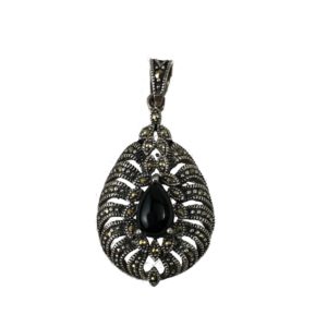 black onyx & mercasite gemstone set sterling silver pendant