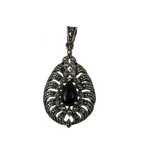 black onyx & mercasite gemstone set sterling silver pendant