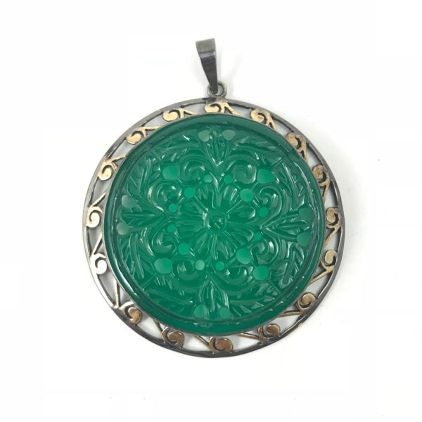 carved green onyx gemstone set sterling silver pendant from designer silver jewellery jewelry