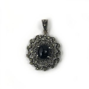 black onyx & mercasite gemstone set sterling silver pendant