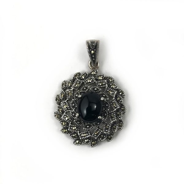 black onyx & mercasite gemstone set sterling silver pendant
