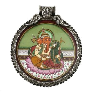 sterling silver pendant with painting of ganesh