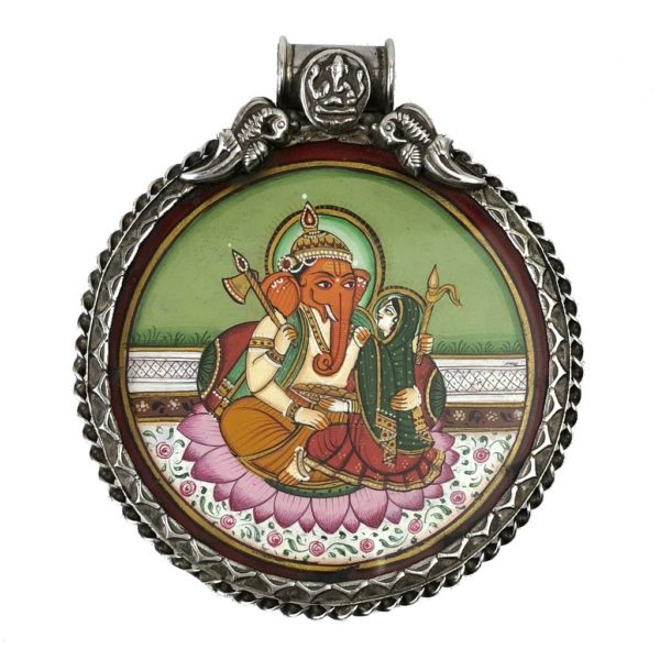 sterling silver pendant with painting of ganesh