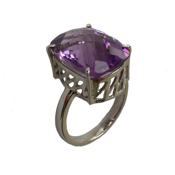 checkered cut amethyst gemstone jaali or lattice-cut sterling silver ring