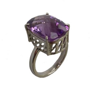 checkered cut amethyst gemstone jaali or lattice-cut sterling silver ring