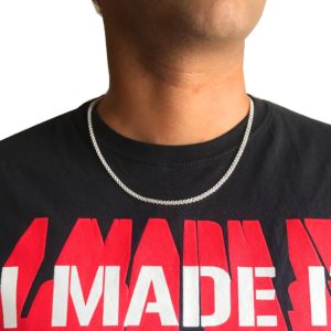 model wearing 20 inch flat sterling silver chain for men