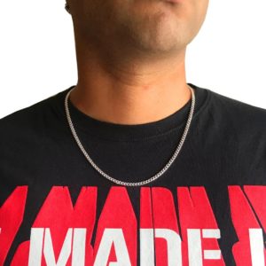 model wearing hammered silver chain in pure sterling silver