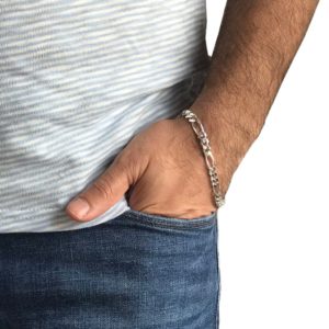model wearing thin silver bracelet for men in pure 925 sterling silver