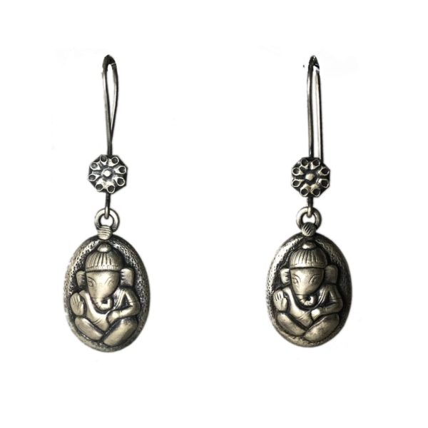 lord ganesha sterling silver earrings in oval design and pure 925 sterling silver jewellery for festive occasion