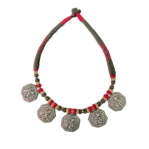 oxidized sterling silver necklace depicting krishna playing the flute infron of cow from religious silver jewellery collection for women