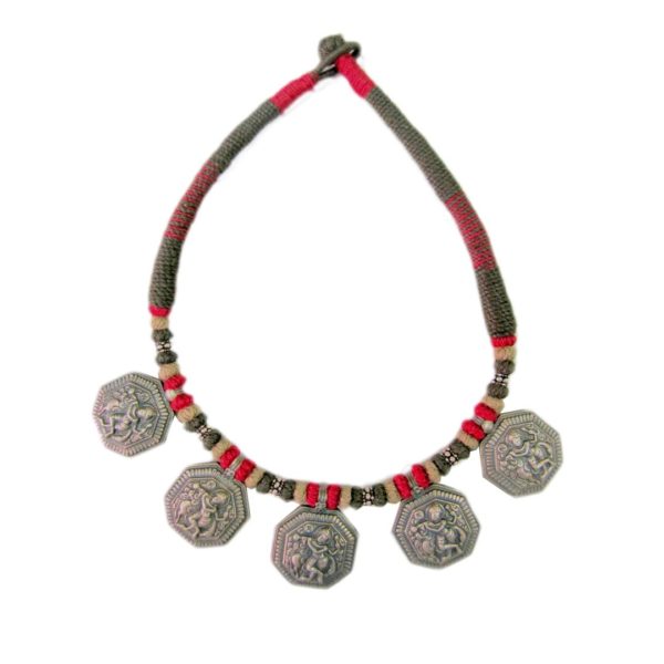 oxidized sterling silver necklace depicting krishna playing the flute infron of cow from religious silver jewellery collection for women