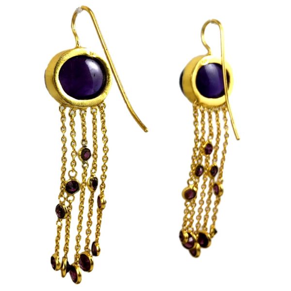 Gold Plated Oval Amethyst Chain Earrings - Image 2