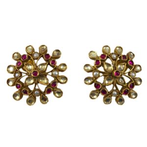 jadau gold plated silver earrings set with crystals pearls and red stones