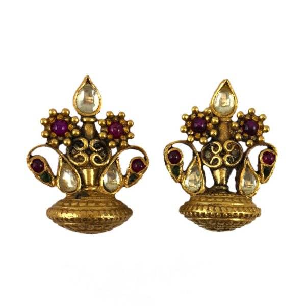 Kalash design jadau gold plated silver earrings with crystal polki