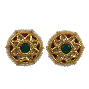 round red green jadau gold plated silver earrings with pearls