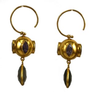 side view of gold plated rhodolite amethyst sterling silver earrings