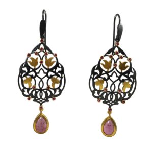 mughal design gold plated silver earrings set with tourmaline gemstones
