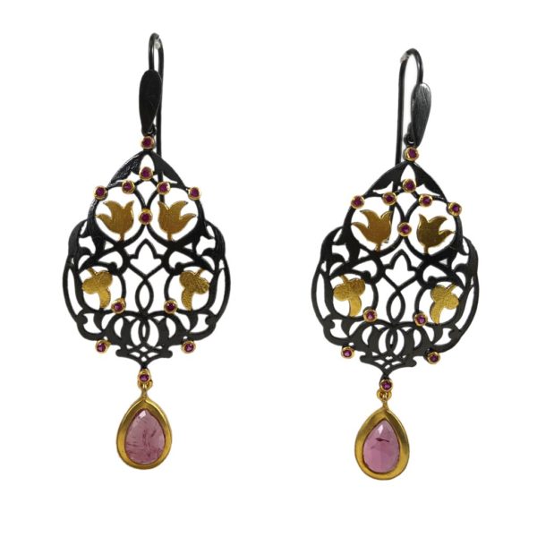 mughal design gold plated silver earrings set with tourmaline gemstones