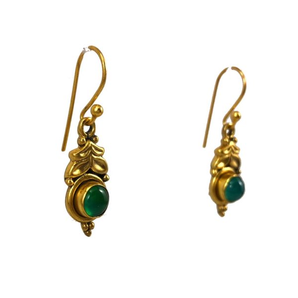 side view of green onyx gold plated sterling silver earrings