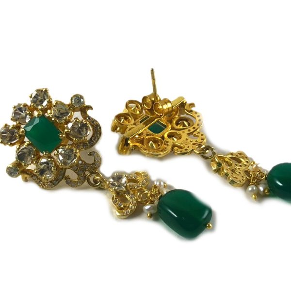 zircon polki & green onyx gold plated silver earrings