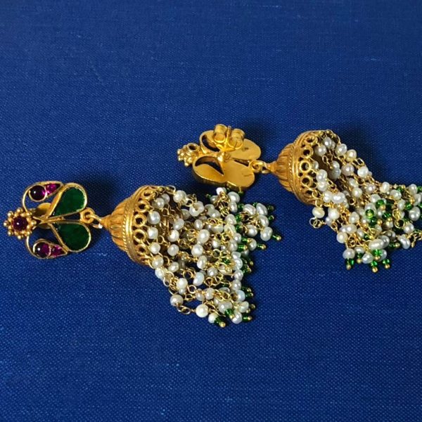 Long Jadau Gold Plated Jhumka Earrings - Image 2