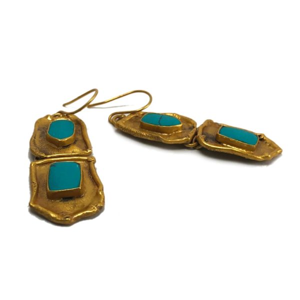 long contemporary gold plated sterling silver earrings set with turquoise gemstones