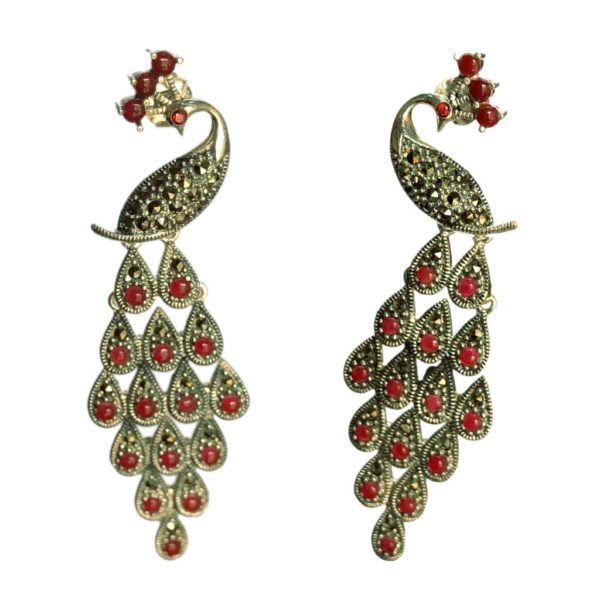 long dangler sterling silver earrings set with mercasites & red onyx