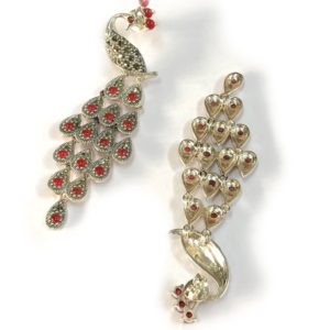 peacock dangler sterling silver earrings set with mercasite & red onyx gemstone