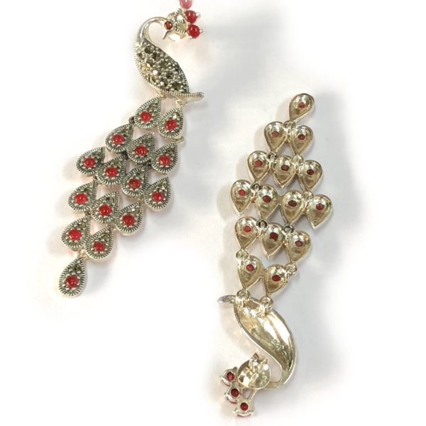 peacock dangler sterling silver earrings set with mercasite & red onyx gemstone