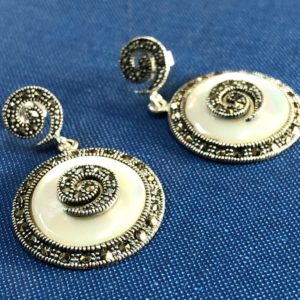 sterling silver earrings set with mercasite & mop gemstones