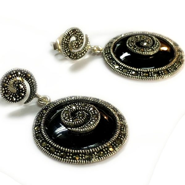 black onyx & mercasite sterling silver earrings