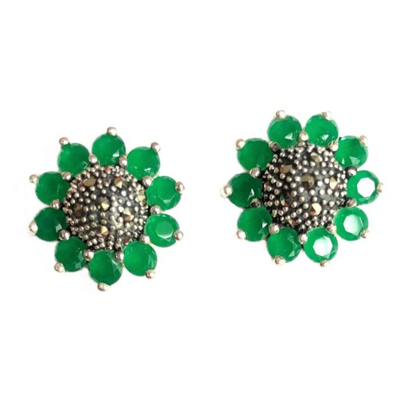 green onyx & mercasite flower sterling silver earrings