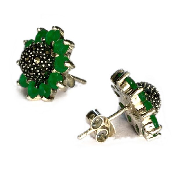 mercasite stud earrings in flower shape set with green onyx