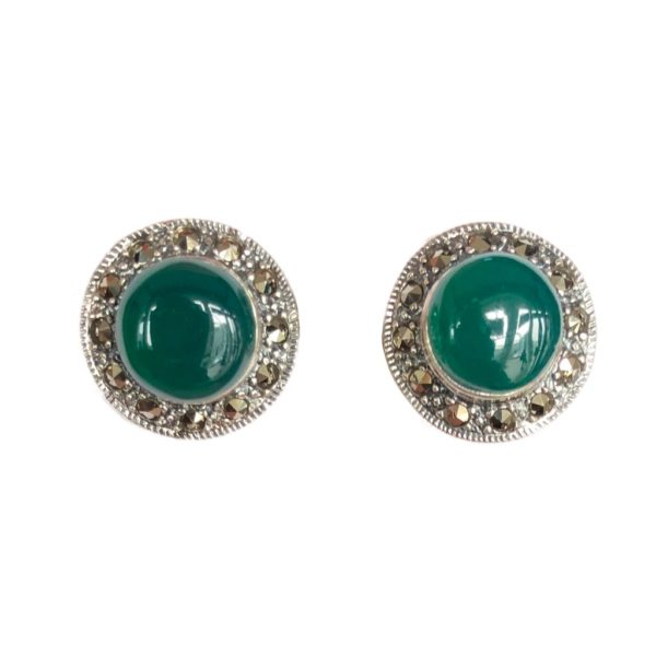 green onyx mercasite sterling silver round stud earrings