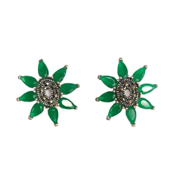 mercasite sterling silver stud earrings with green onyx and oval shape