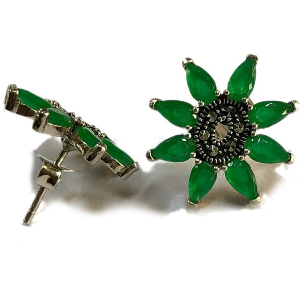 Green onyx & Mercasite Oval Flower Stud Earrings - Image 2