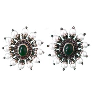 red green pearls jadau sterling silver stud earrings