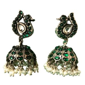 South indian jadau sterling silver jhumka earrings with green earrings